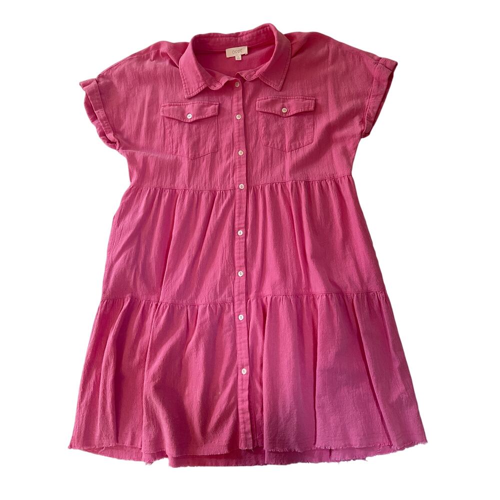Oddi Hot Pink Tiered Ruffle Button Downโ Dress Collar Short Sleeve - Size Medium